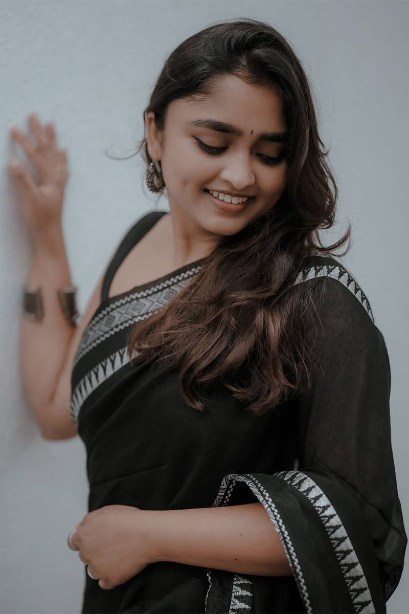 Serendipity Black Cotton Silk Saree With Ideal Blouse Piece