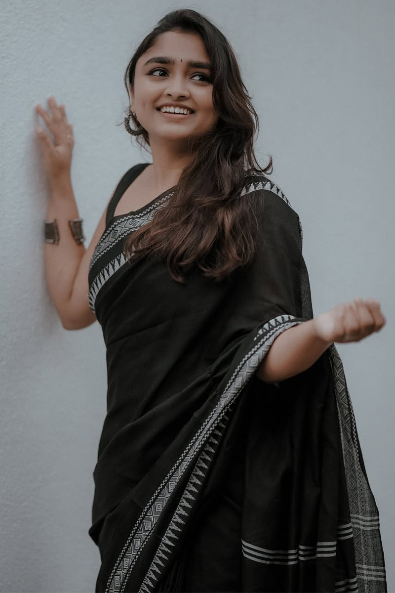 Serendipity Black Cotton Silk Saree With Ideal Blouse Piece