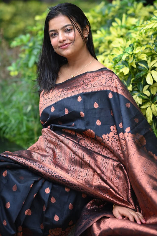 Enchanting Black Soft Silk Saree With Ethereal Blouse Piece