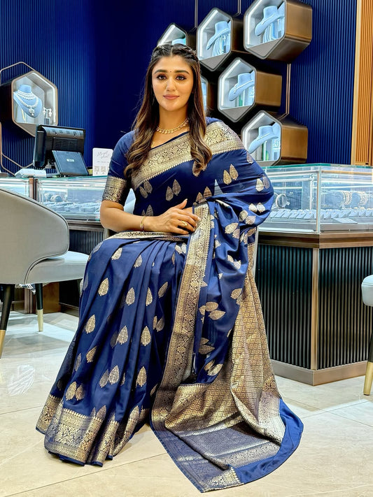 Ailurophile Navy Blue Soft Silk Saree With Rhapsodic Blouse Piece