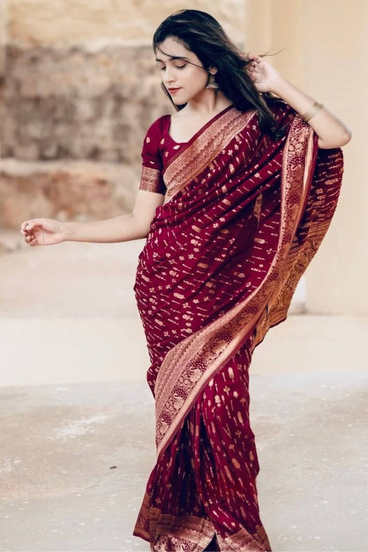 Pretty Maroon Soft Silk Saree With Forbearance Blouse Piece
