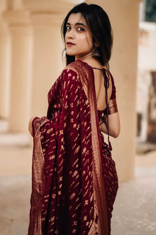 Pretty Maroon Soft Silk Saree With Forbearance Blouse Piece