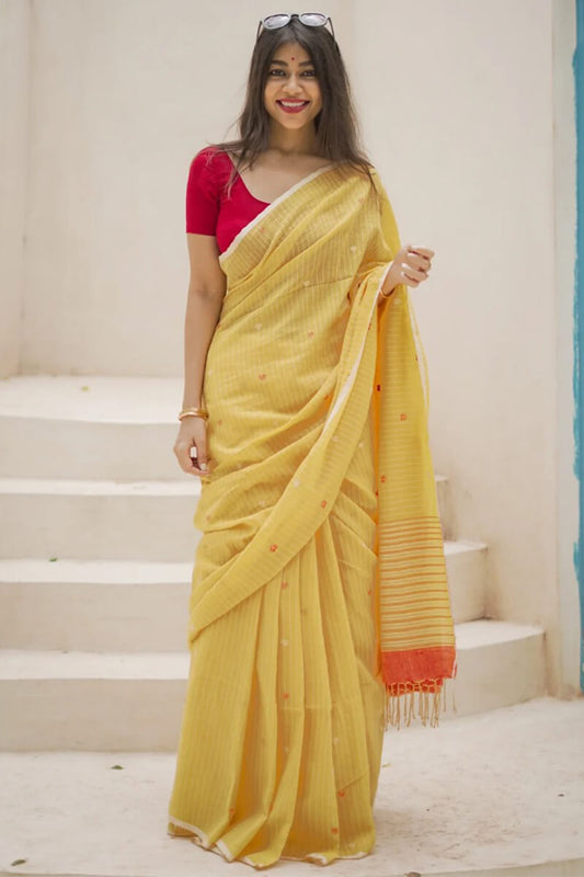 Winsome Yellow Cotton Silk Saree With Ethereal Blouse Piece