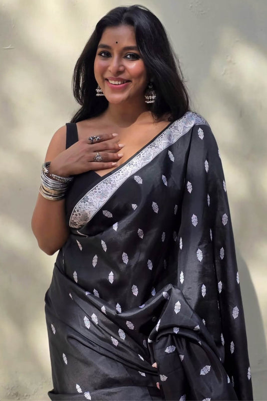 Dalliance Black Soft Silk Saree With Eclat Blouse Piece