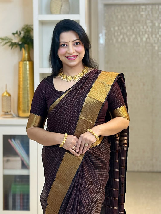 Delectable Brown Soft Silk Saree With Improbable Blouse Piece