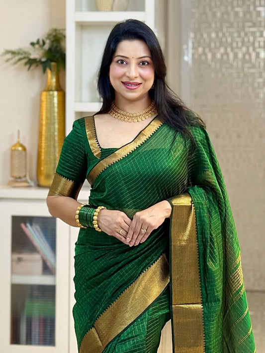 Sempiternal Dark Green Soft Silk Saree With Elaborate Blouse Piece