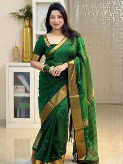 Sempiternal Dark Green Soft Silk Saree With Elaborate Blouse Piece