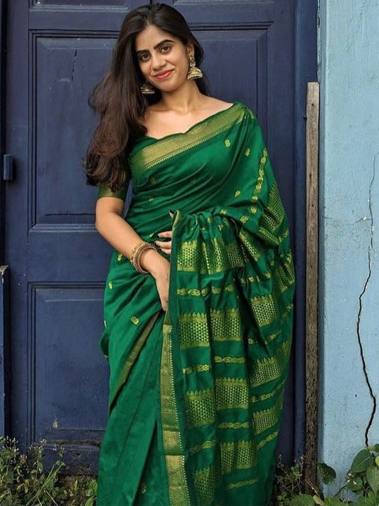 Twirling Green Soft Silk Saree With Desiring Blouse Piece