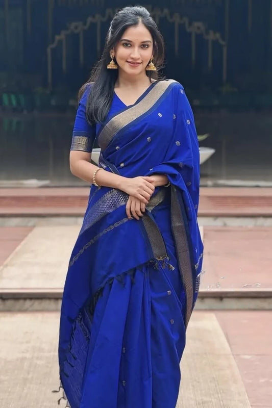 Luminous Royal Blue Soft Silk Saree With Scintillating Blouse Piece