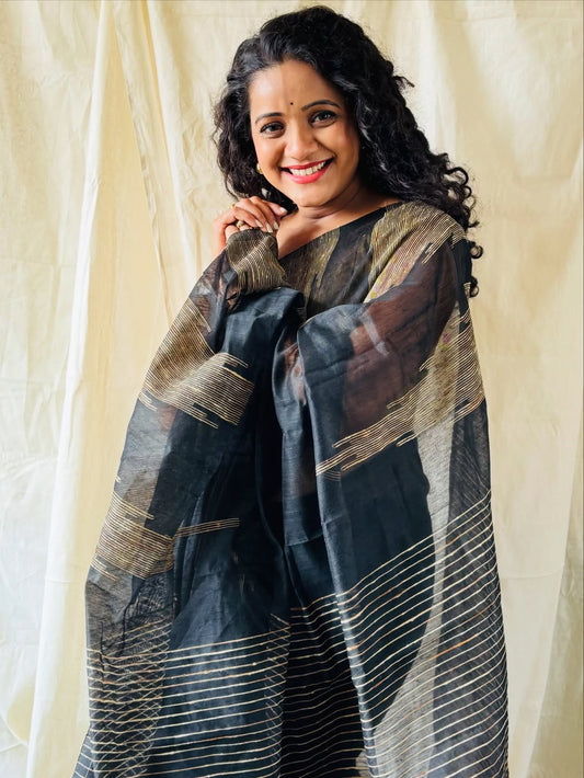 Fairytale Black Cotton Silk Saree With Fragrant Blouse Piece