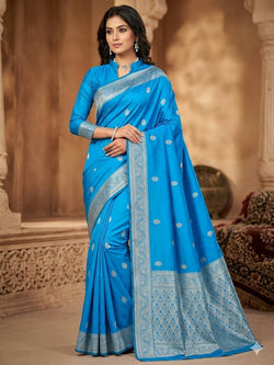Arresting Firozi Soft Silk Saree With Scrumptious Blouse Piece