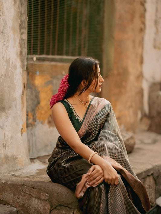 Evanescent Dark Green Soft Silk Saree With Epiphany Blouse Piece