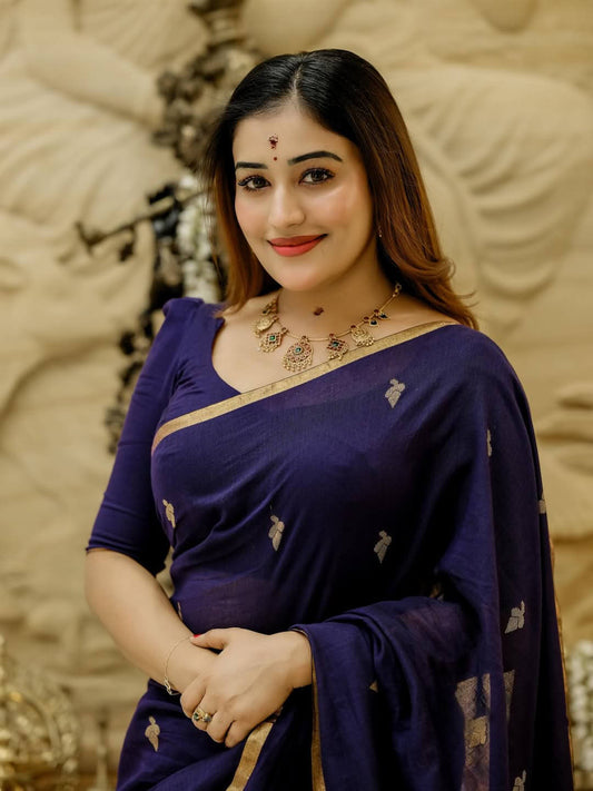 Stylish Navy Blue Cotton Silk Saree With Prominent Blouse Piece