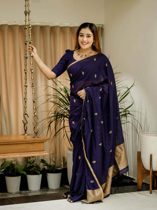 Stylish Navy Blue Cotton Silk Saree With Prominent Blouse Piece