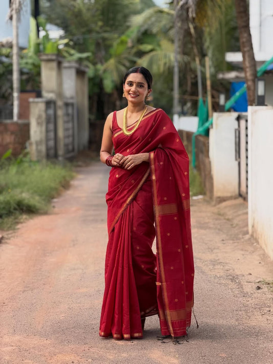 Ethnic Red Cotton Silk Saree With Extraordinary Blouse Piece