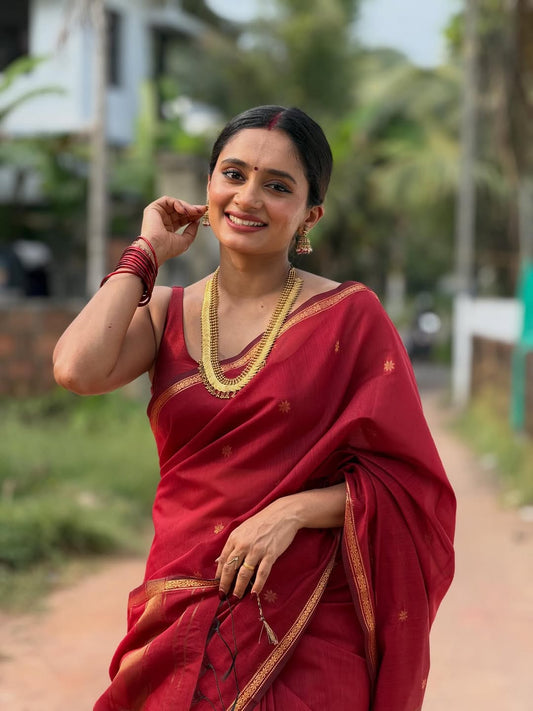 Ethnic Red Cotton Silk Saree With Extraordinary Blouse Piece