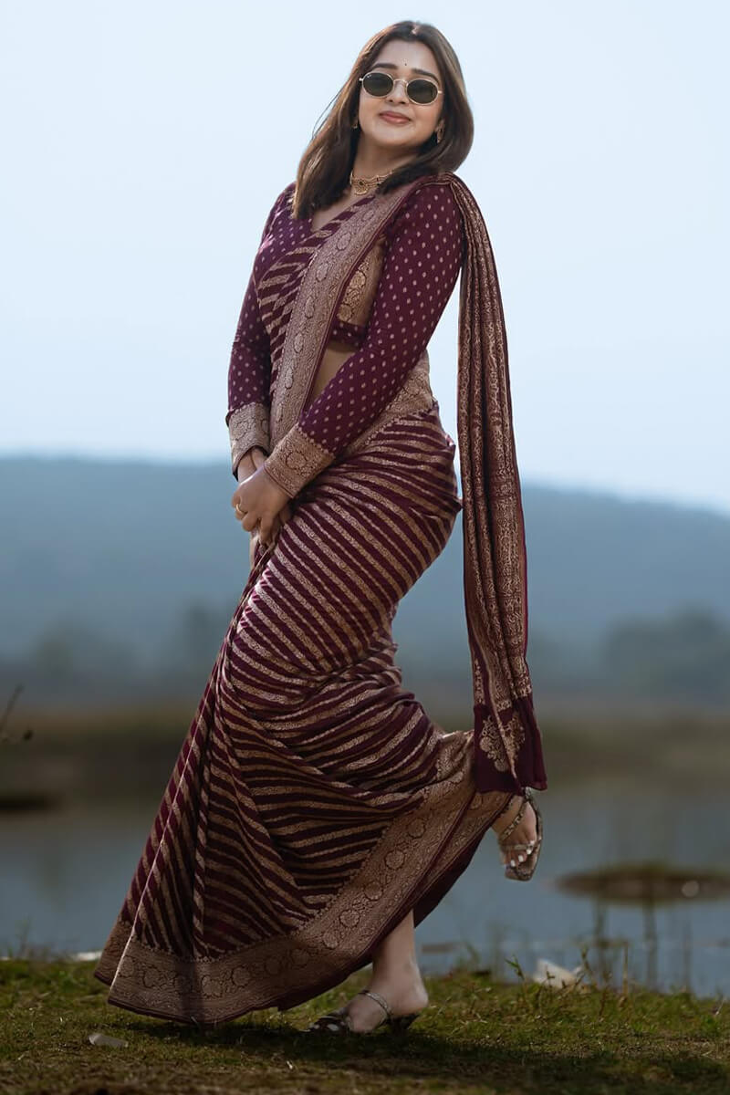 Opulent Wine Soft Silk Saree With Engaging Blouse Piece