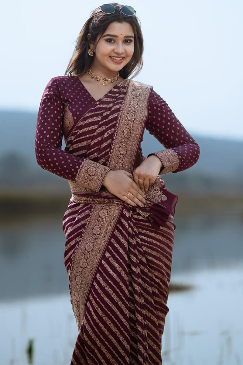 Opulent Wine Soft Silk Saree With Engaging Blouse Piece