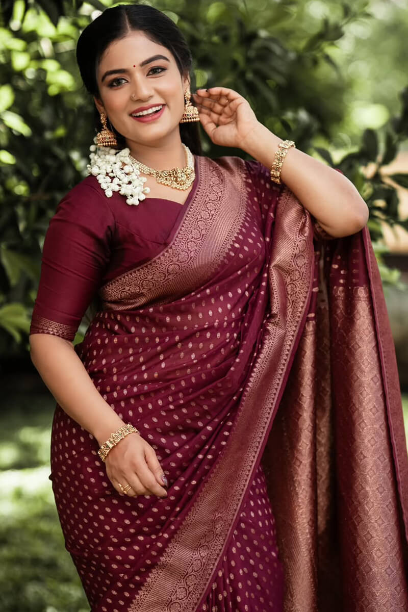Nectarous Wine Soft Silk Saree With Delectable Blouse Piece