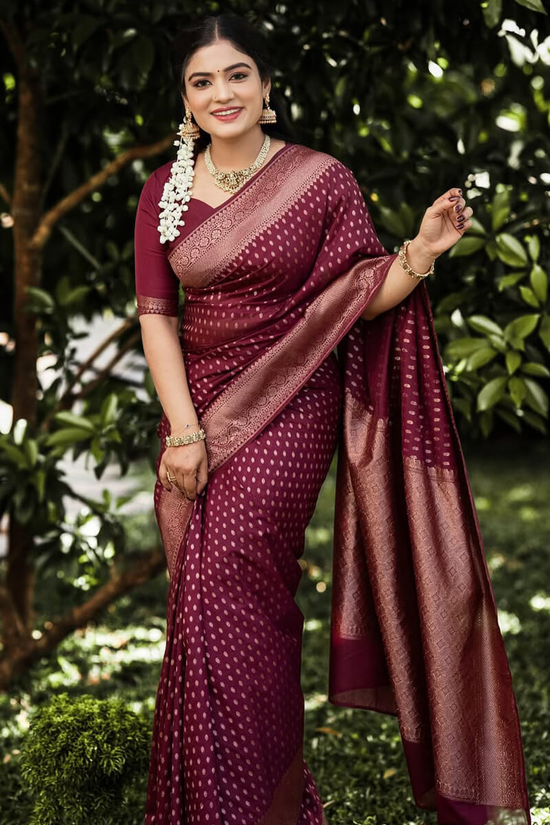 Nectarous Wine Soft Silk Saree With Delectable Blouse Piece