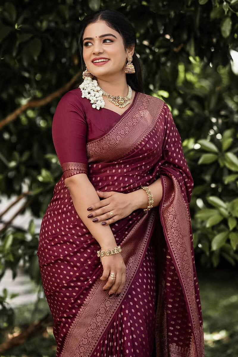 Nectarous Wine Soft Silk Saree With Delectable Blouse Piece