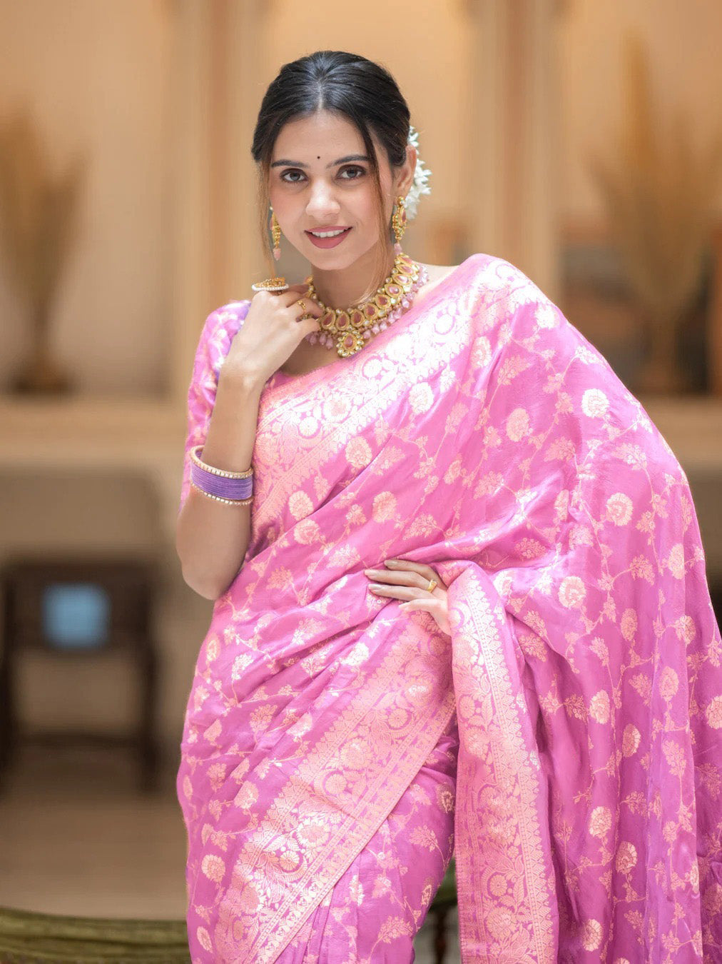 Flameboyant Baby Pink Soft Silk Saree With Opulent Blouse Piece