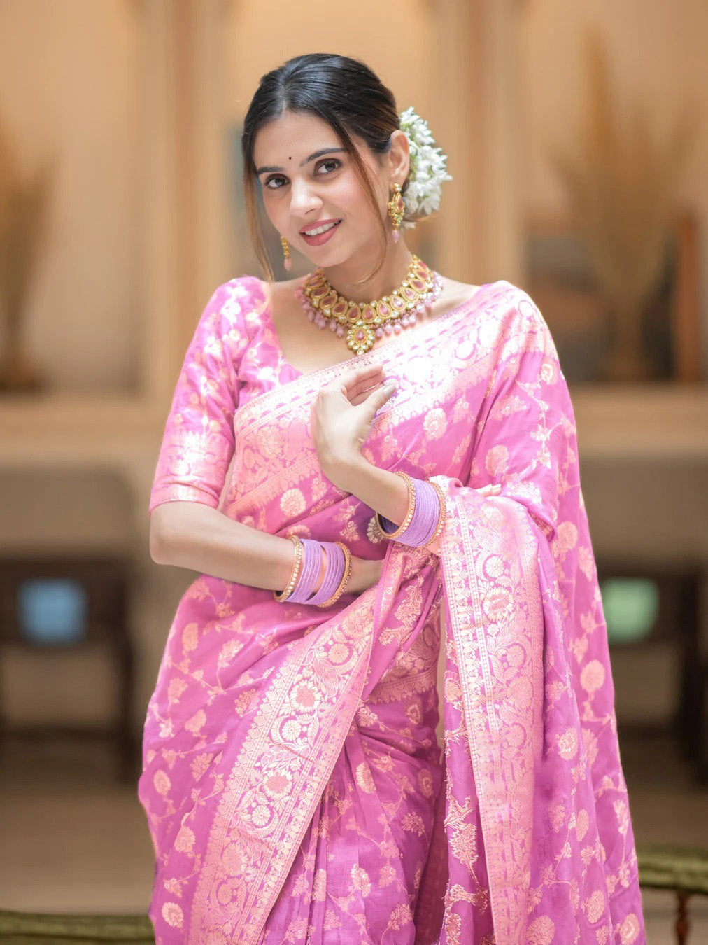 Flameboyant Baby Pink Soft Silk Saree With Opulent Blouse Piece