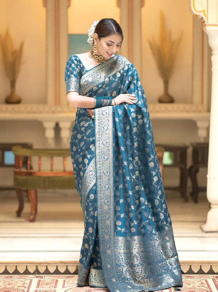 Assemblage Firozi Soft Silk Saree With Sophisticated Blouse Piece