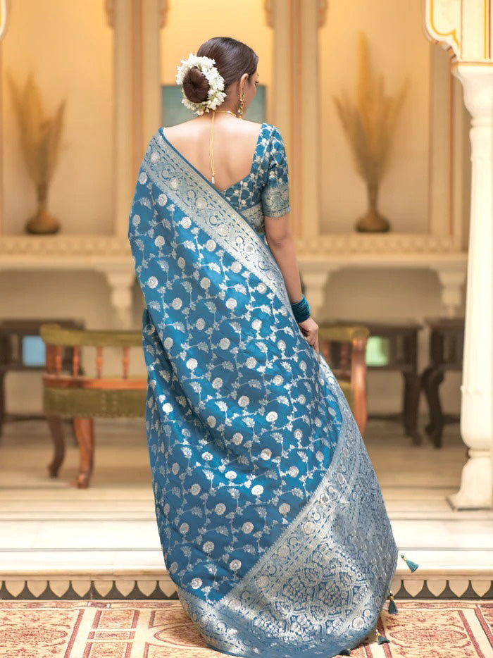 Assemblage Firozi Soft Silk Saree With Sophisticated Blouse Piece