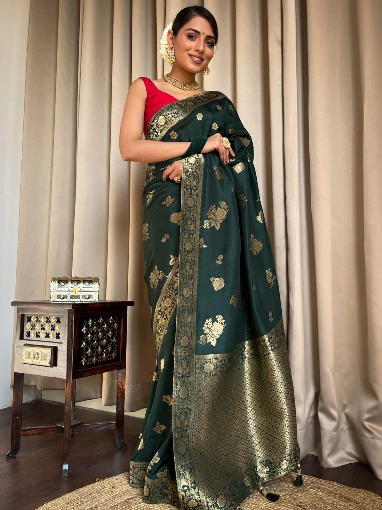 Palimpsest Dark Green Soft Silk Saree With Elegant Blouse Piece