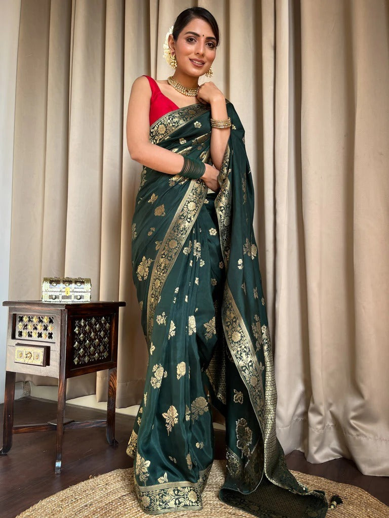 Palimpsest Dark Green Soft Silk Saree With Elegant Blouse Piece