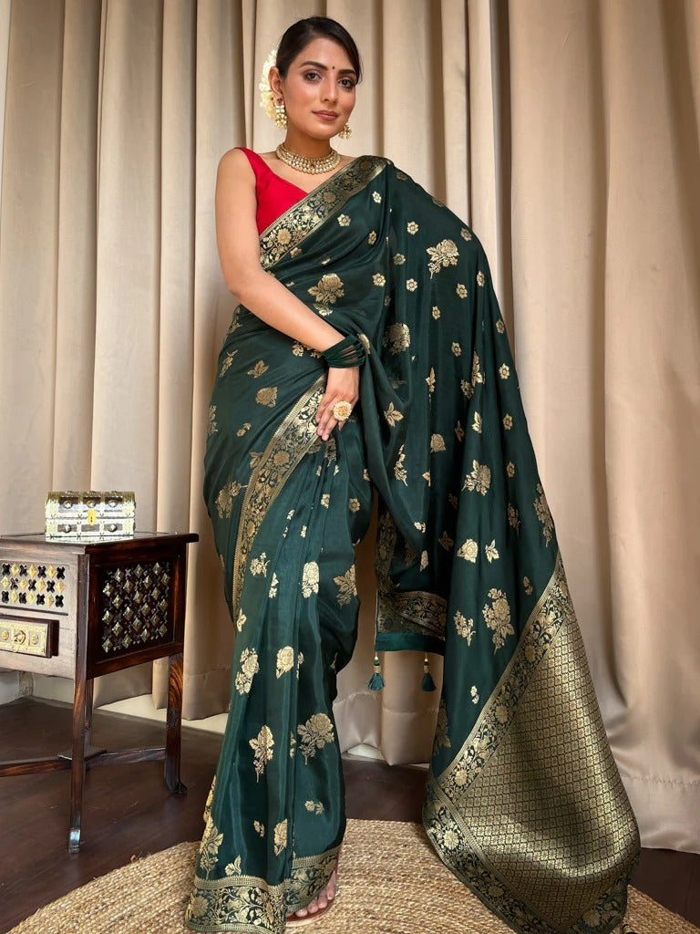 Palimpsest Dark Green Soft Silk Saree With Elegant Blouse Piece