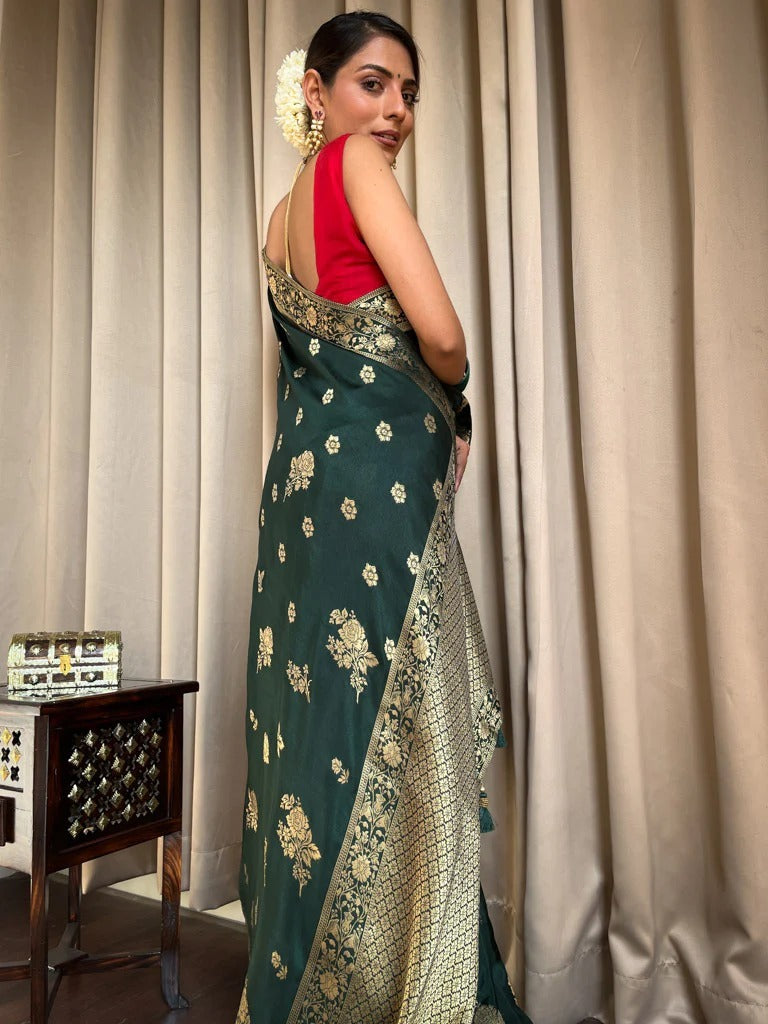 Palimpsest Dark Green Soft Silk Saree With Elegant Blouse Piece