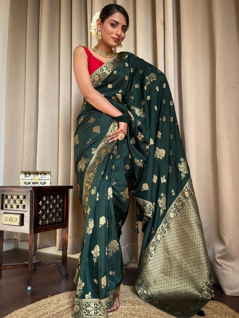 Palimpsest Dark Green Soft Silk Saree With Elegant Blouse Piece