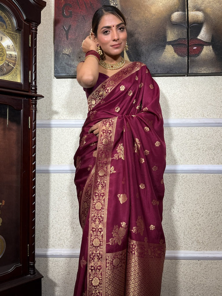 Ideal Wine Soft Silk Saree With Diaphanous Blouse Piece