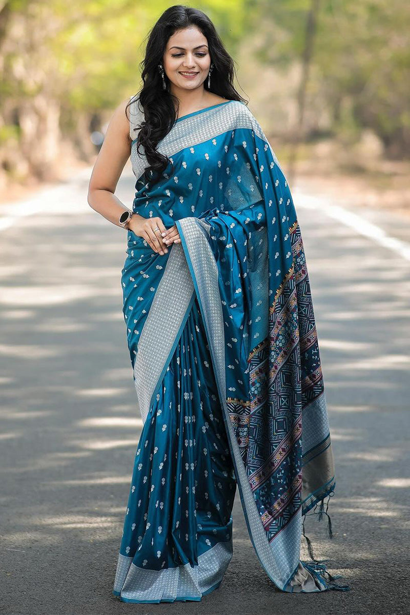 Stylish Teal Blue Cotton Silk Saree With Skinny Blouse Piece