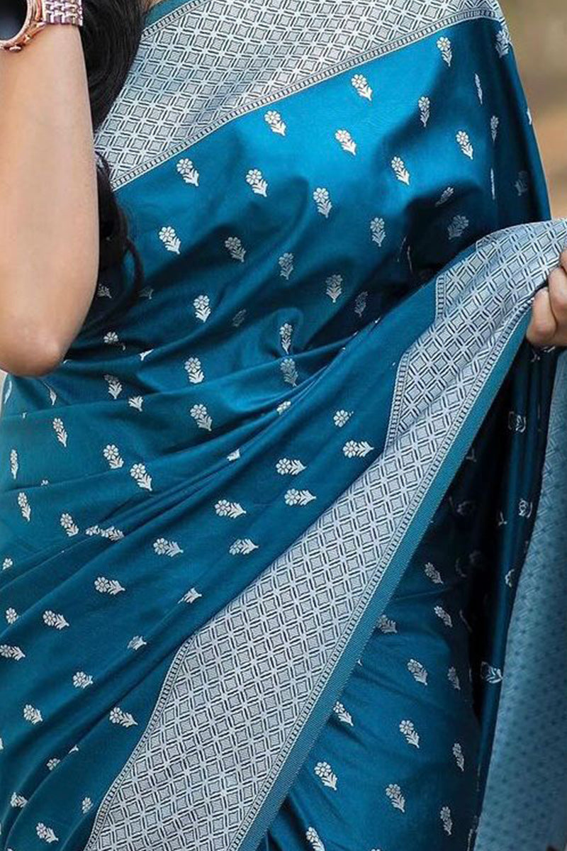 Stylish Teal Blue Cotton Silk Saree With Skinny Blouse Piece