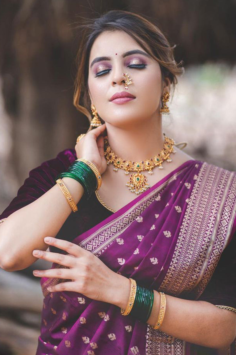 Wonderful Purple Soft Silk Saree With Lovely Blouse Piece