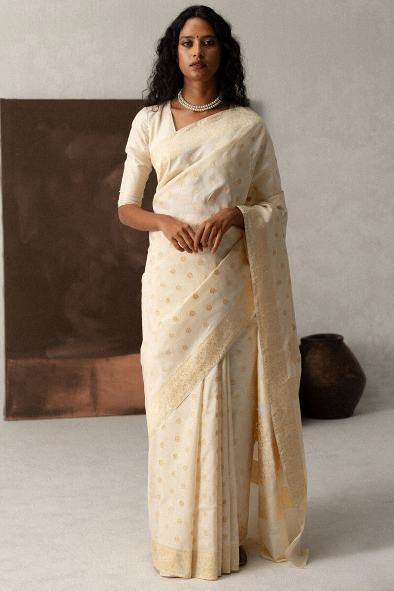 Charming Beige Soft Silk Saree With Elegant Blouse Pieced