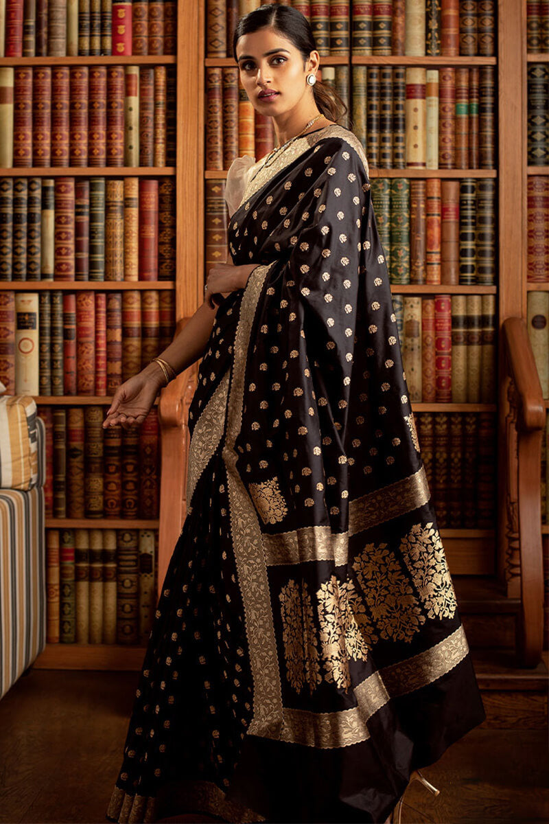 Cynosure Black Soft Silk Saree With Admirable Blouse Pieced