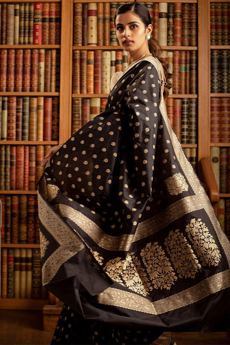 Cynosure Black Soft Silk Saree With Admirable Blouse Pieced