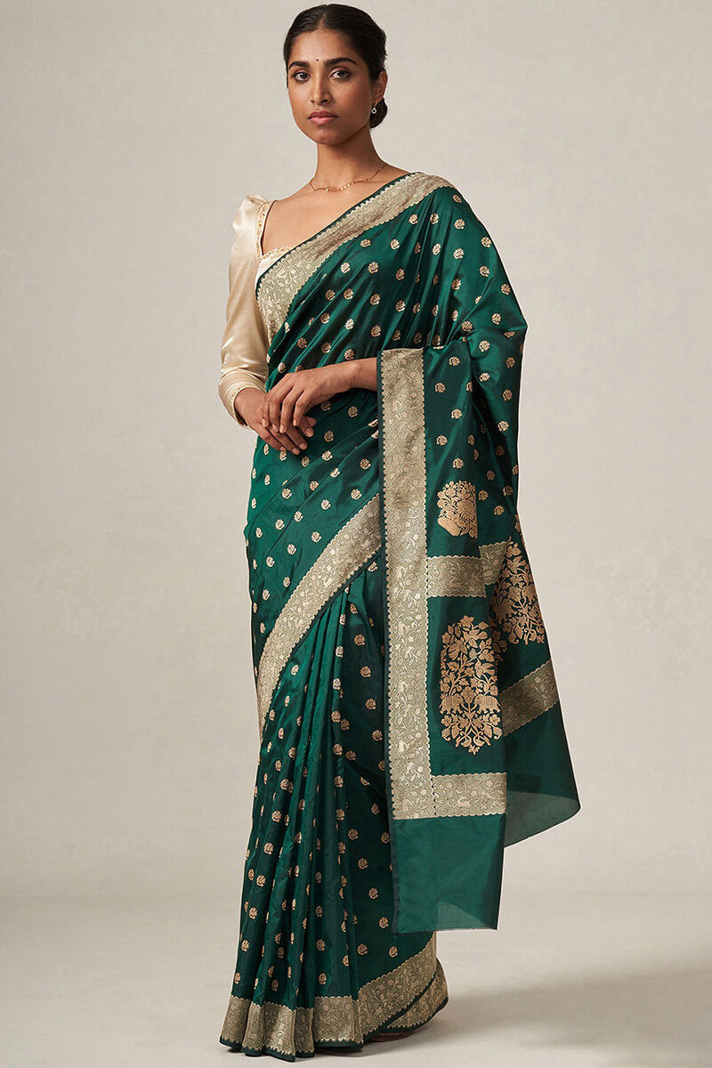 Prominent Rama Soft Silk Saree With Radiant Blouse Pieced