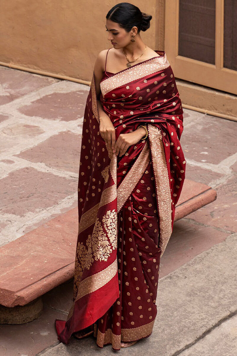 Eloquence Wine Soft Silk Saree With Fantabulous Blouse Pieced