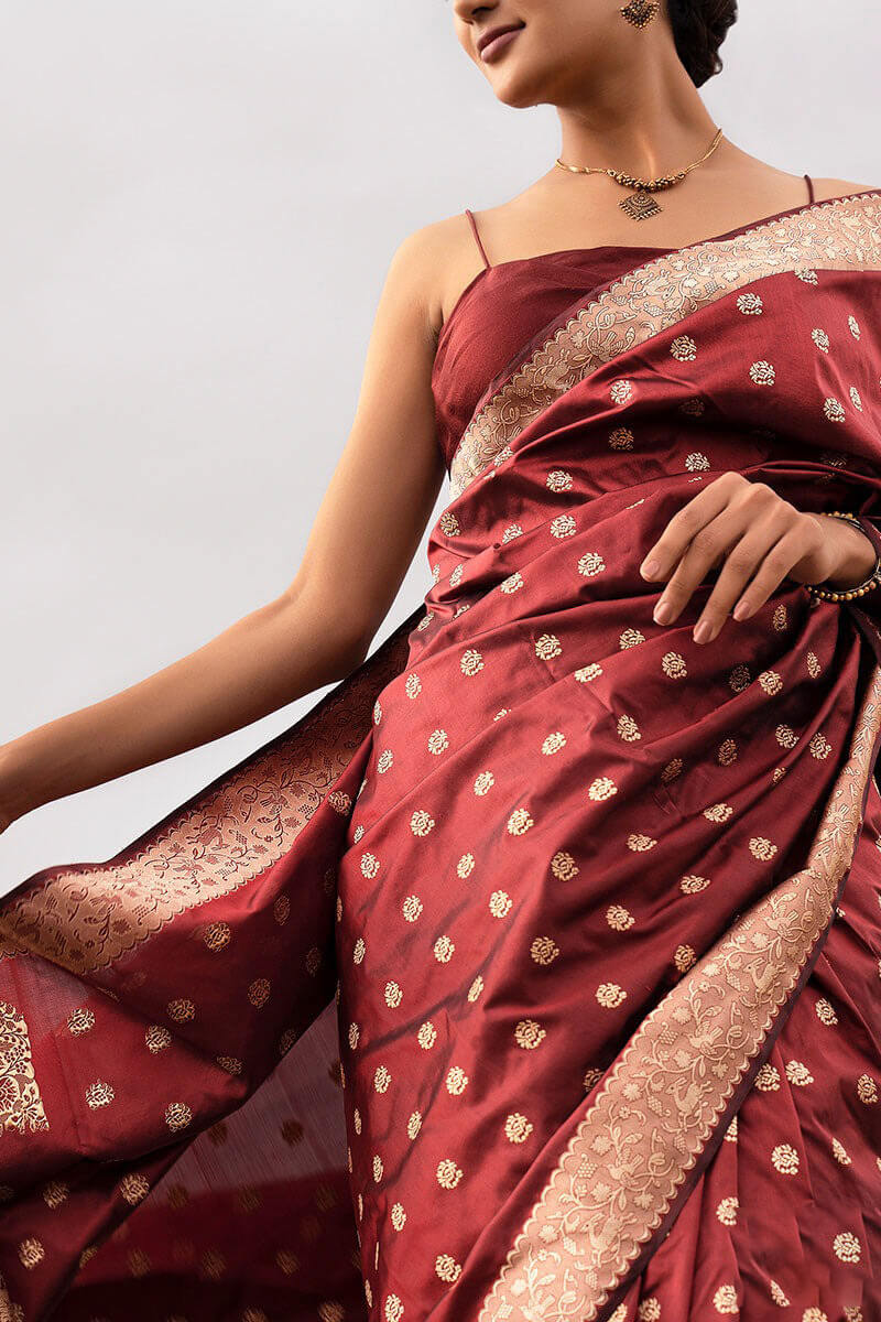 Eloquence Wine Soft Silk Saree With Fantabulous Blouse Pieced