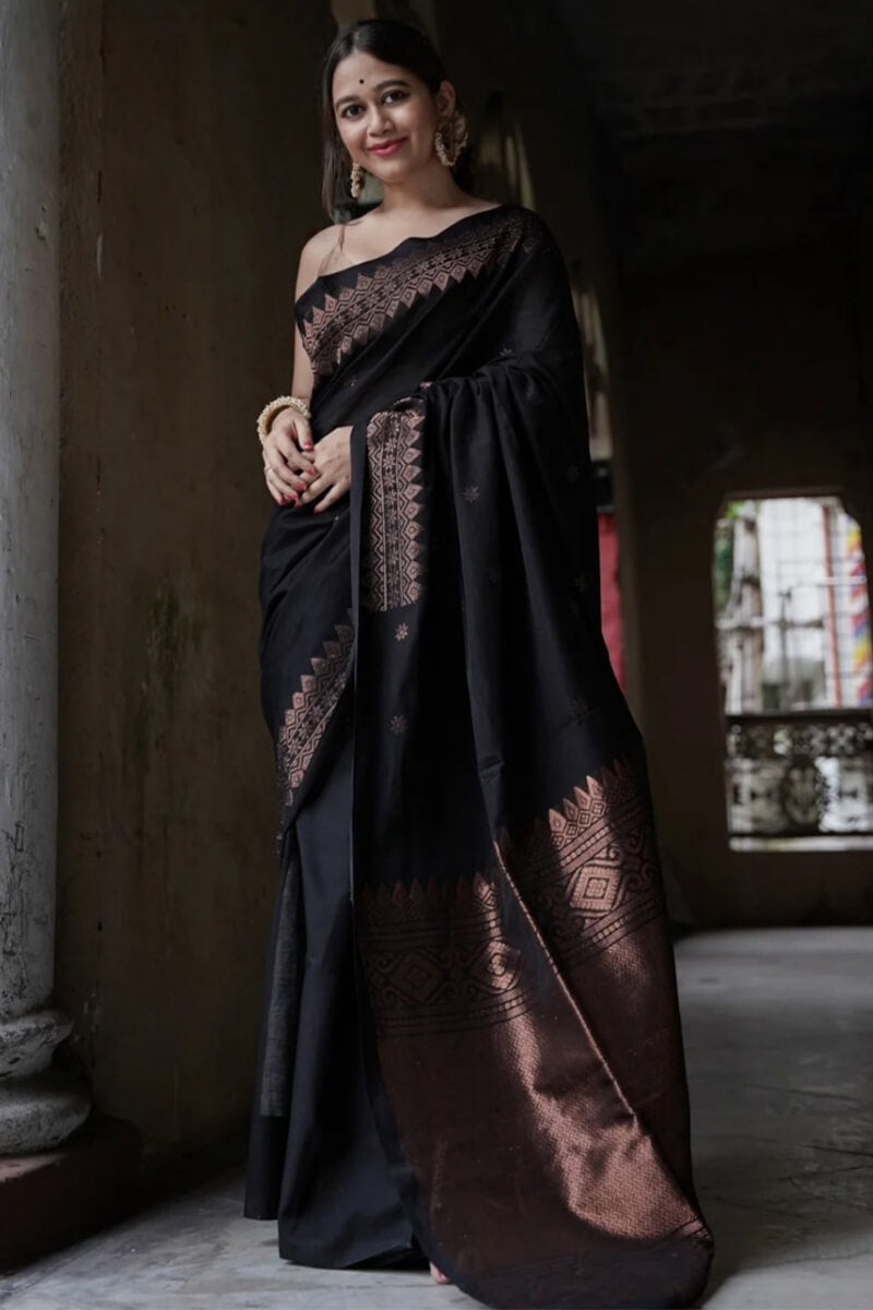 Majesty Black Soft Silk Saree With Fancifull Blouse Piece