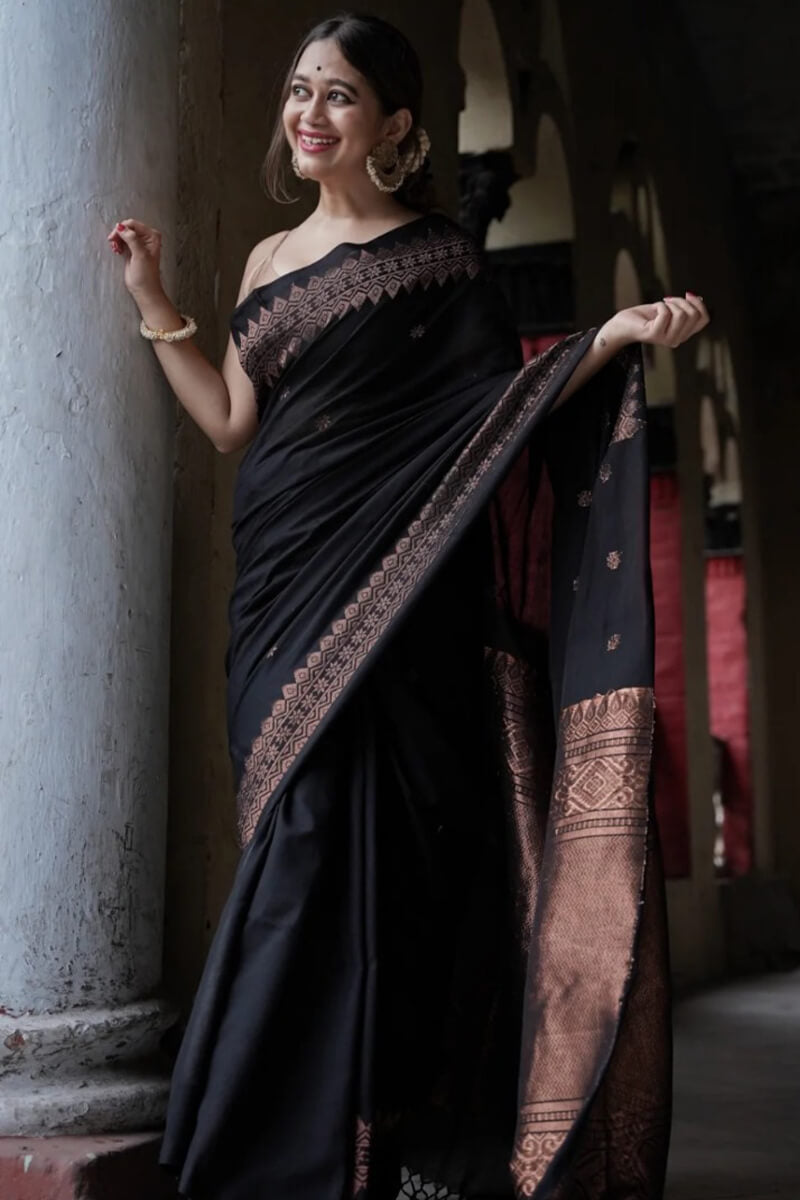 Majesty Black Soft Silk Saree With Fancifull Blouse Piece