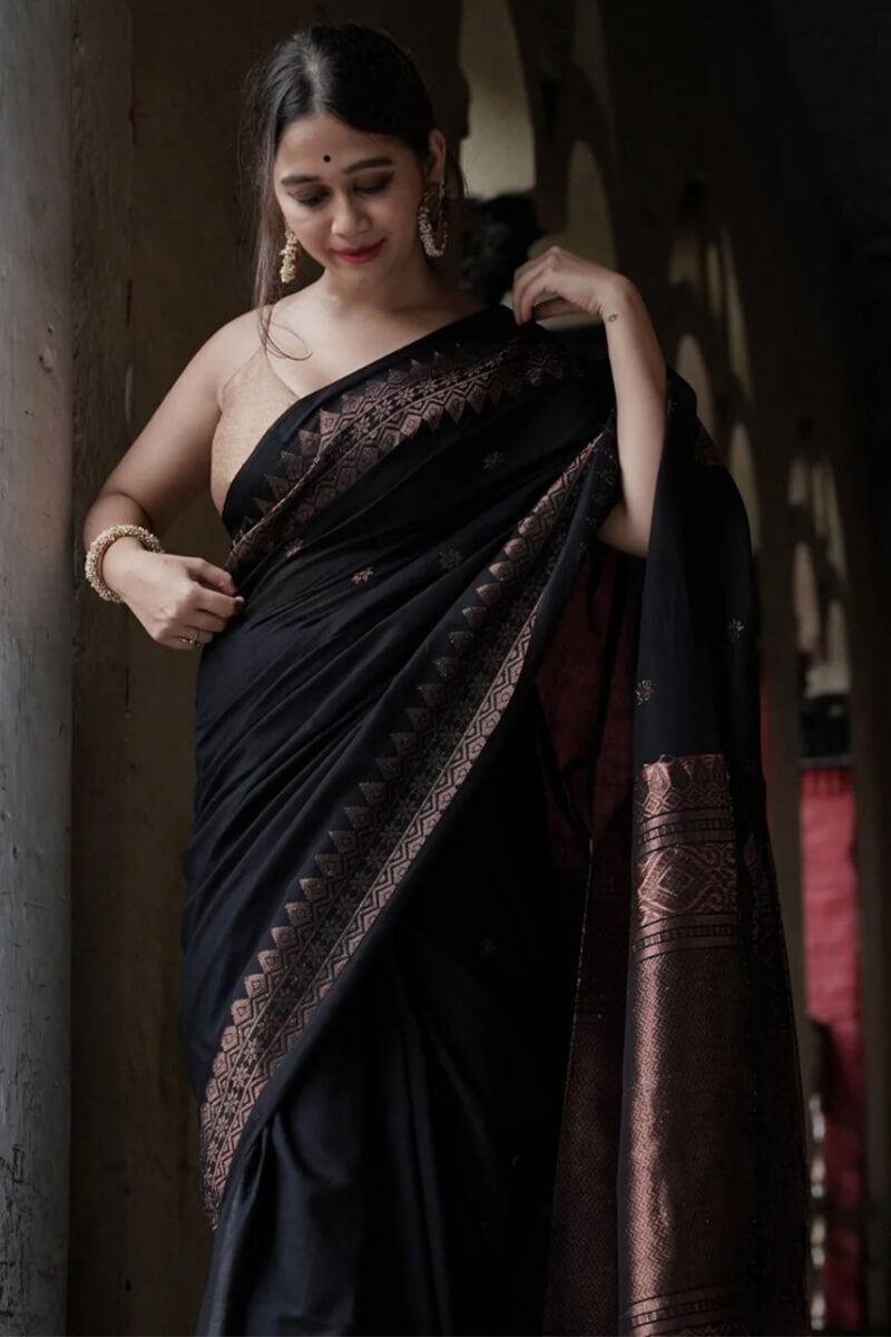 Majesty Black Soft Silk Saree With Fancifull Blouse Piece