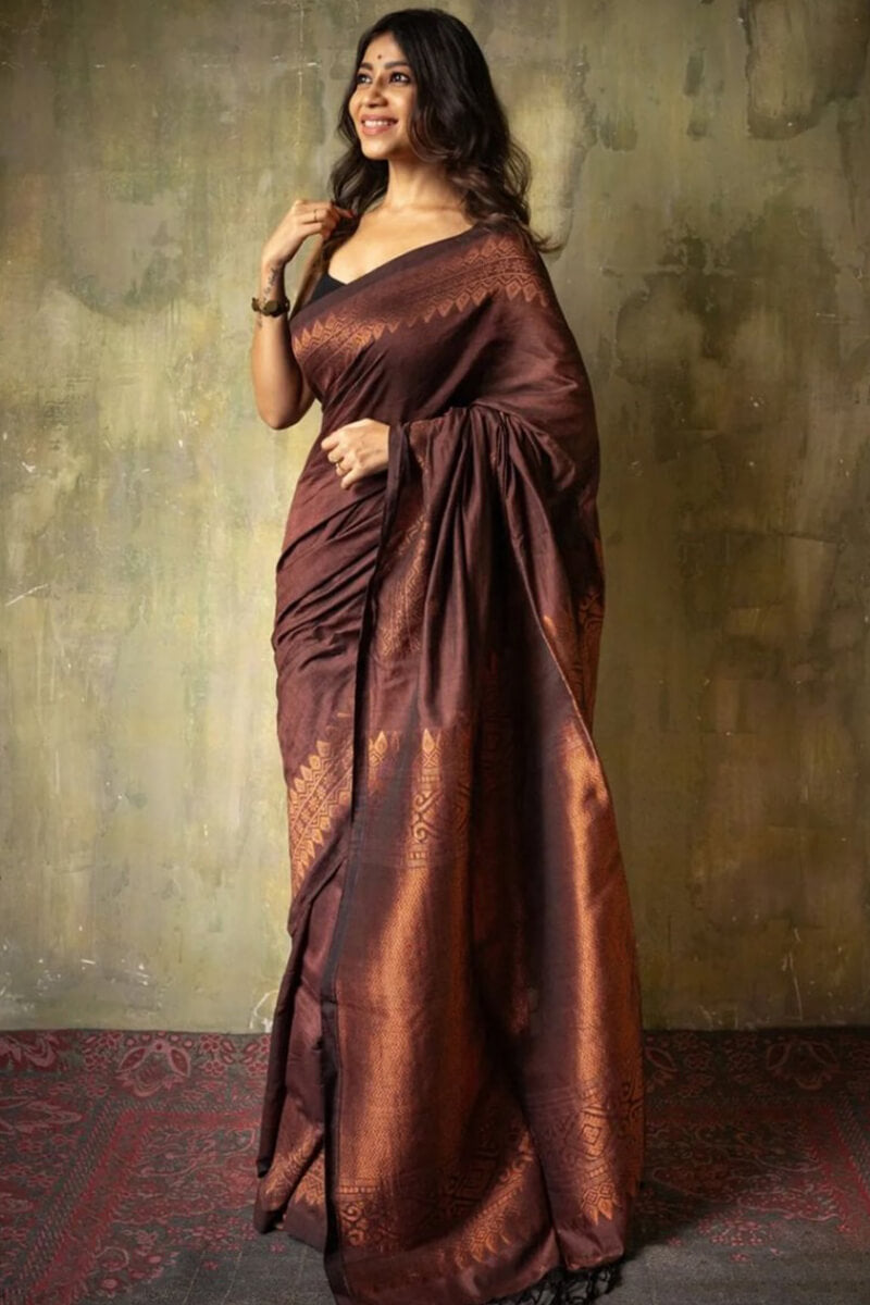 Girlish Brown Soft Silk Saree With Breathtaking Blouse Piece