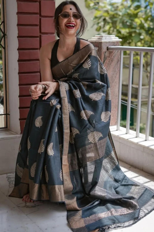 Nebula Black Linen Silk Saree With Opulent Blouse Piece