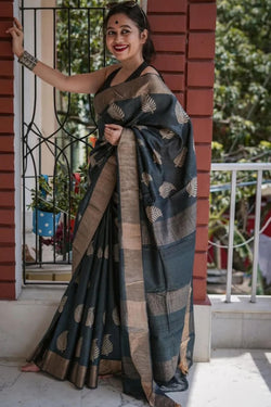 Nebula Black Linen Silk Saree With Opulent Blouse Piece